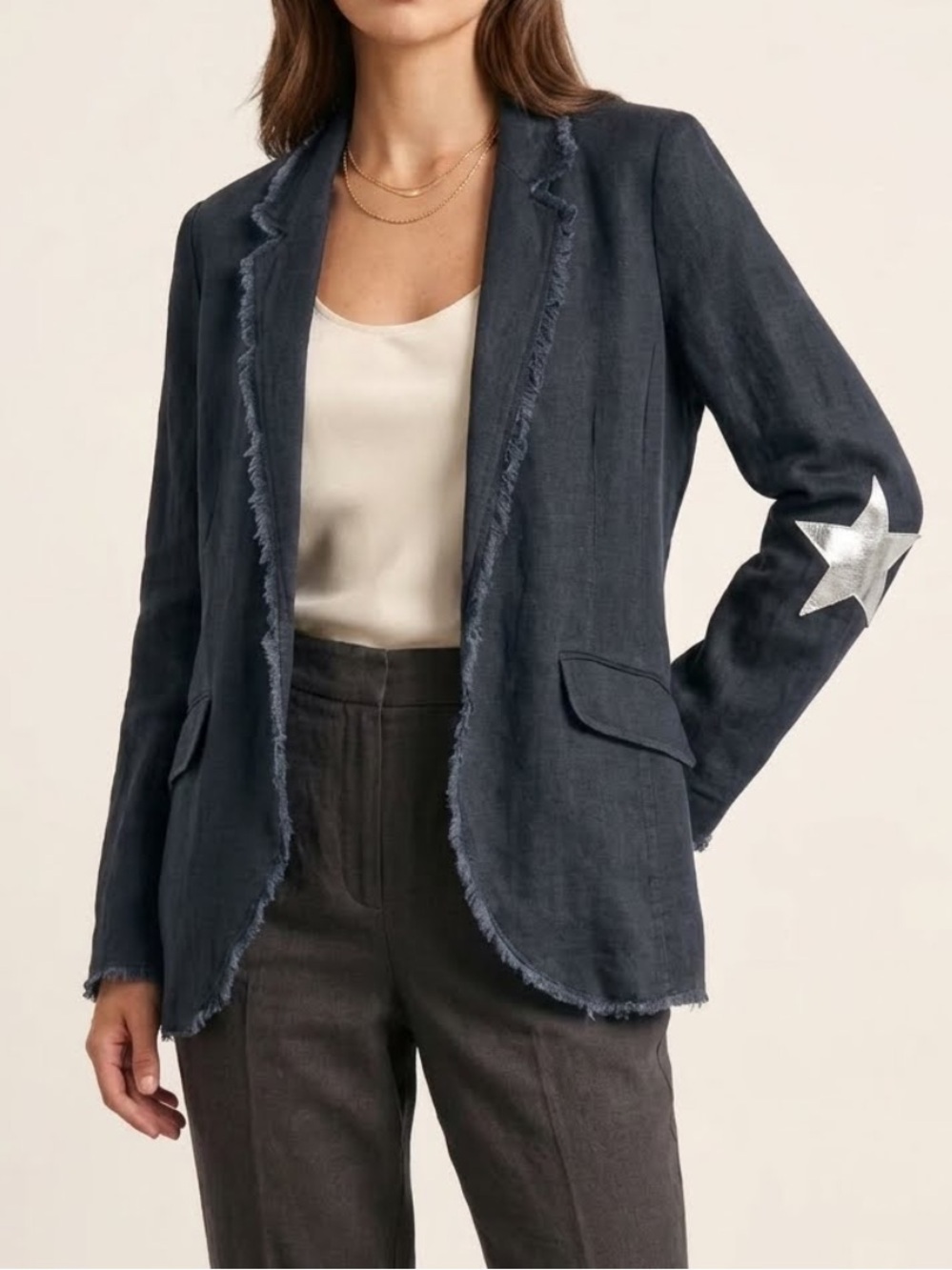 MADE IN ITALY Linen Blazer Star Elbow Patch Open Front Medium